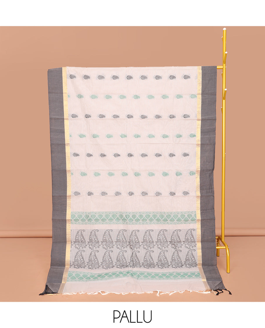 Off-White Kanchi Cotton Saree, Decked Up with Buttas All Over Its Body, Complemented by a Contrast Border, Pallu of Paisley Designs, and Paired with a Matching Blouse