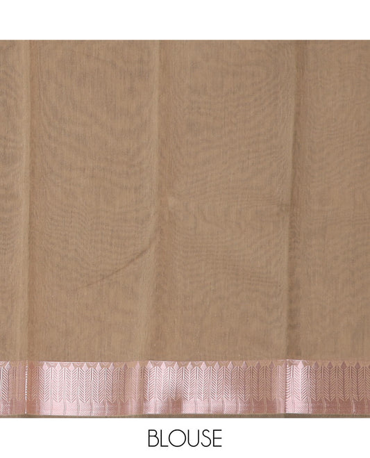 Grey zari buttas semisilk cotton saree, traditional zari border, and contrast geometric patterned zari pallu