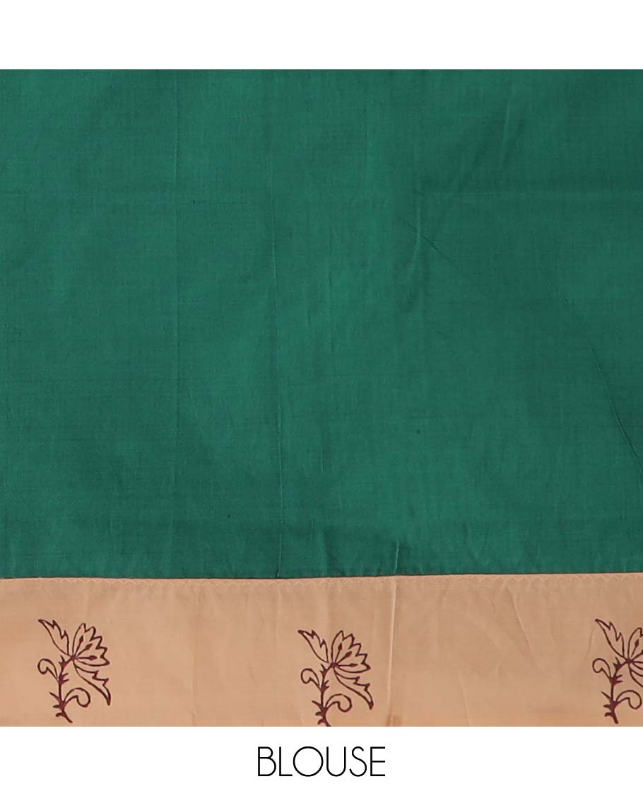 Sandal floral motifs printed poly cotton saree, contrast floral block printed border, and floral block printed pallu