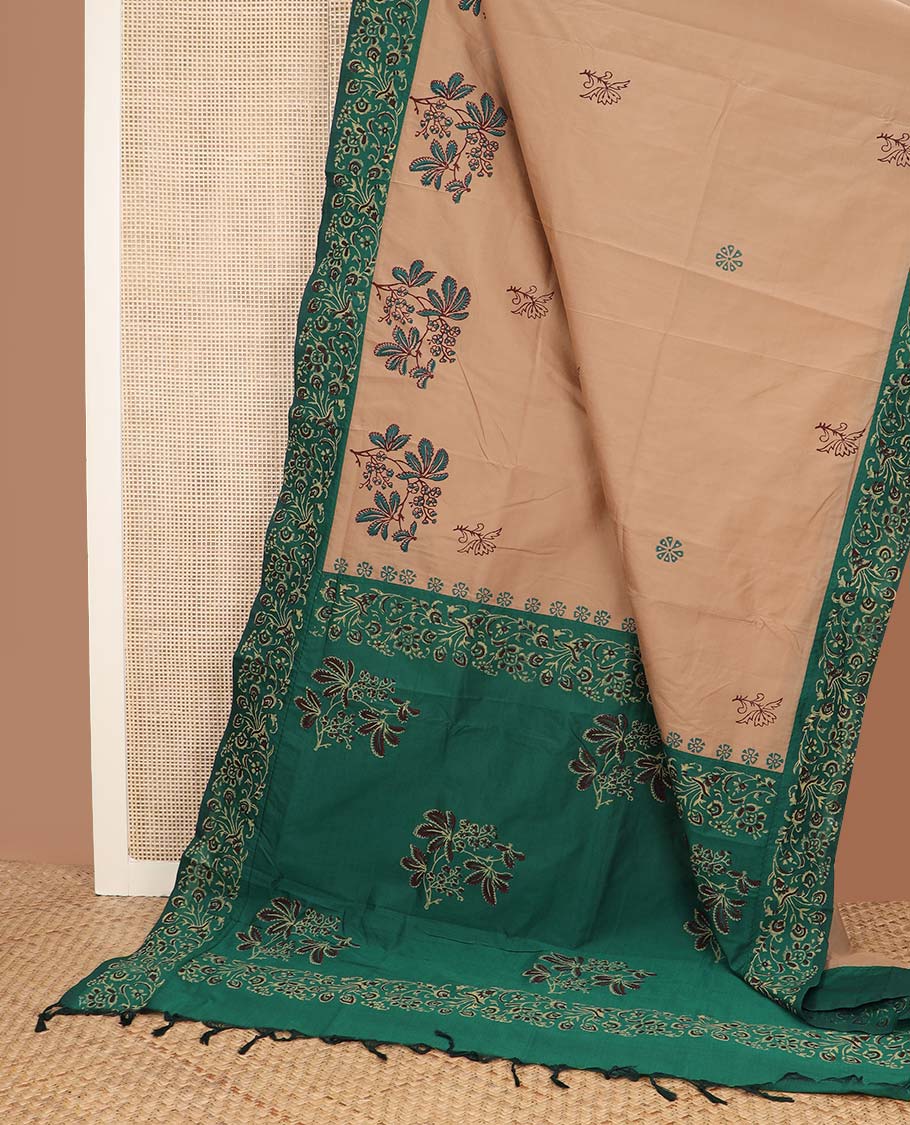 Sandal floral motifs printed poly cotton saree, contrast floral block printed border, and floral block printed pallu