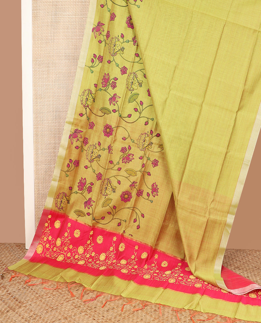 Green floral vine and Pichwai cow printed chirala cotton saree, plain border, and contrast floral printed pallu