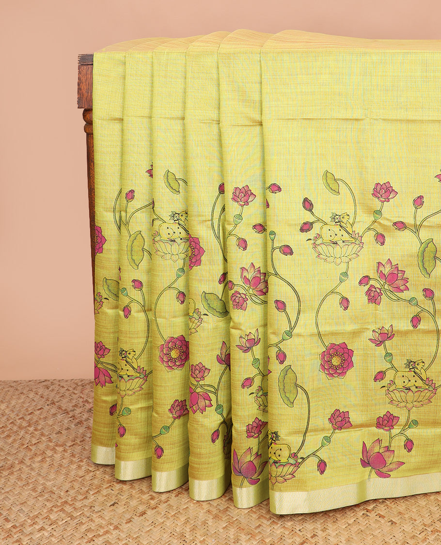 Green floral vine and Pichwai cow printed chirala cotton saree, plain border, and contrast floral printed pallu