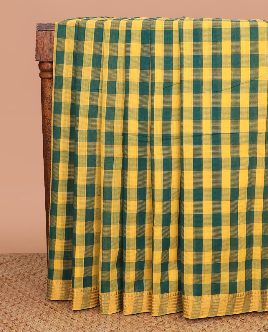Multi-color checked Mangalgiri cotton saree, traditional border, and striped pallu