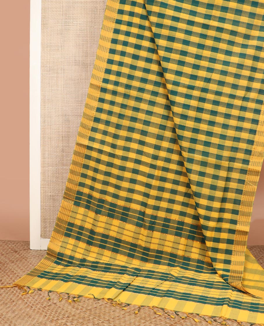 Multi-color checked Mangalgiri cotton saree, traditional border, and striped pallu