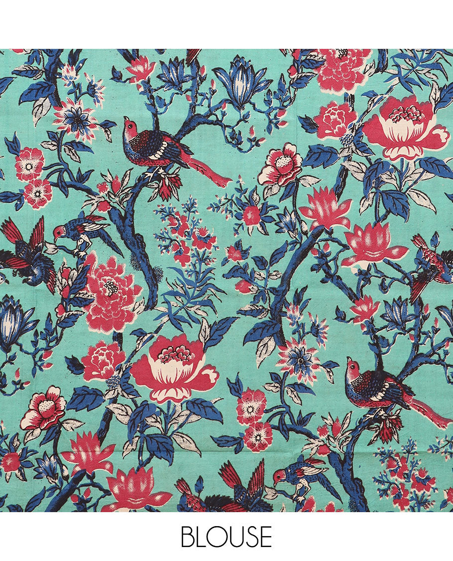 Pink striped chirala cotton saree, temple border of stripes, striped pallu, and contrast floral vine and bird printed blouse