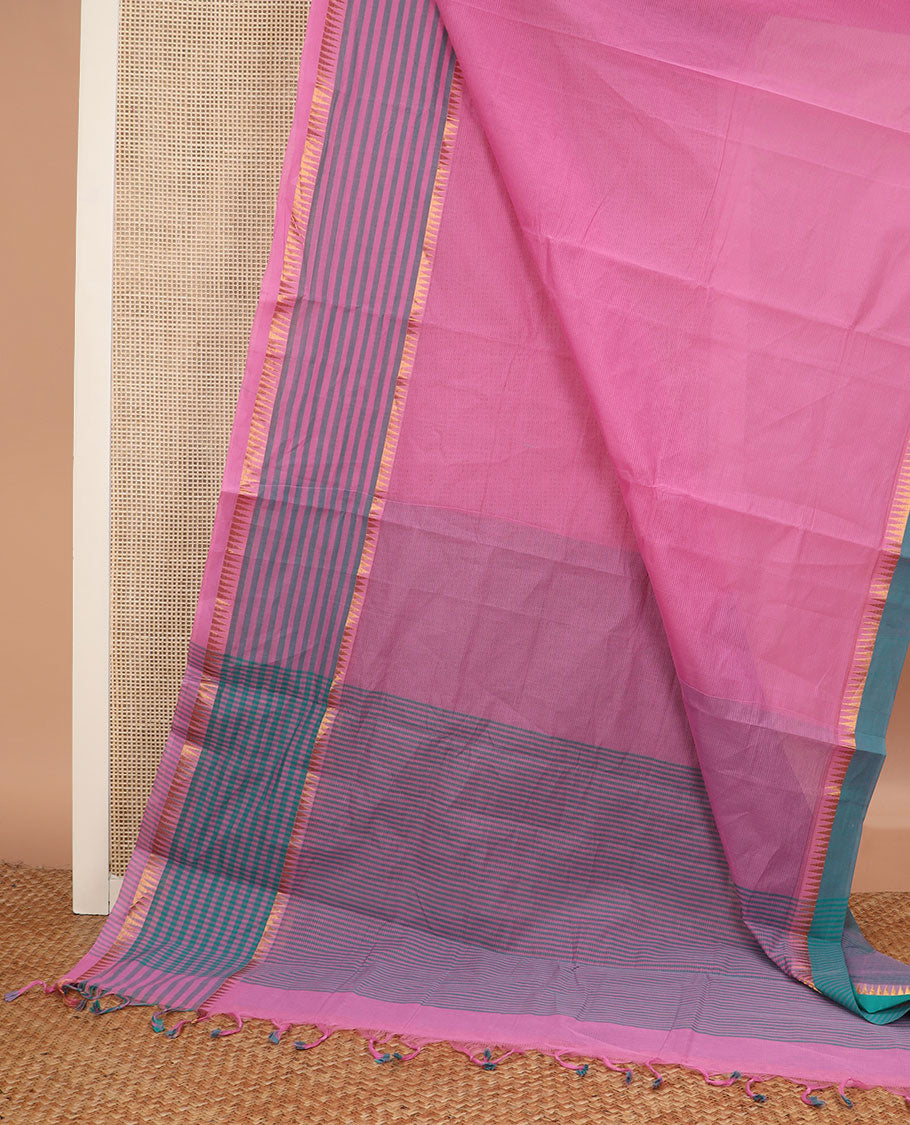 Pink striped chirala cotton saree, temple border of stripes, striped pallu, and contrast floral vine and bird printed blouse
