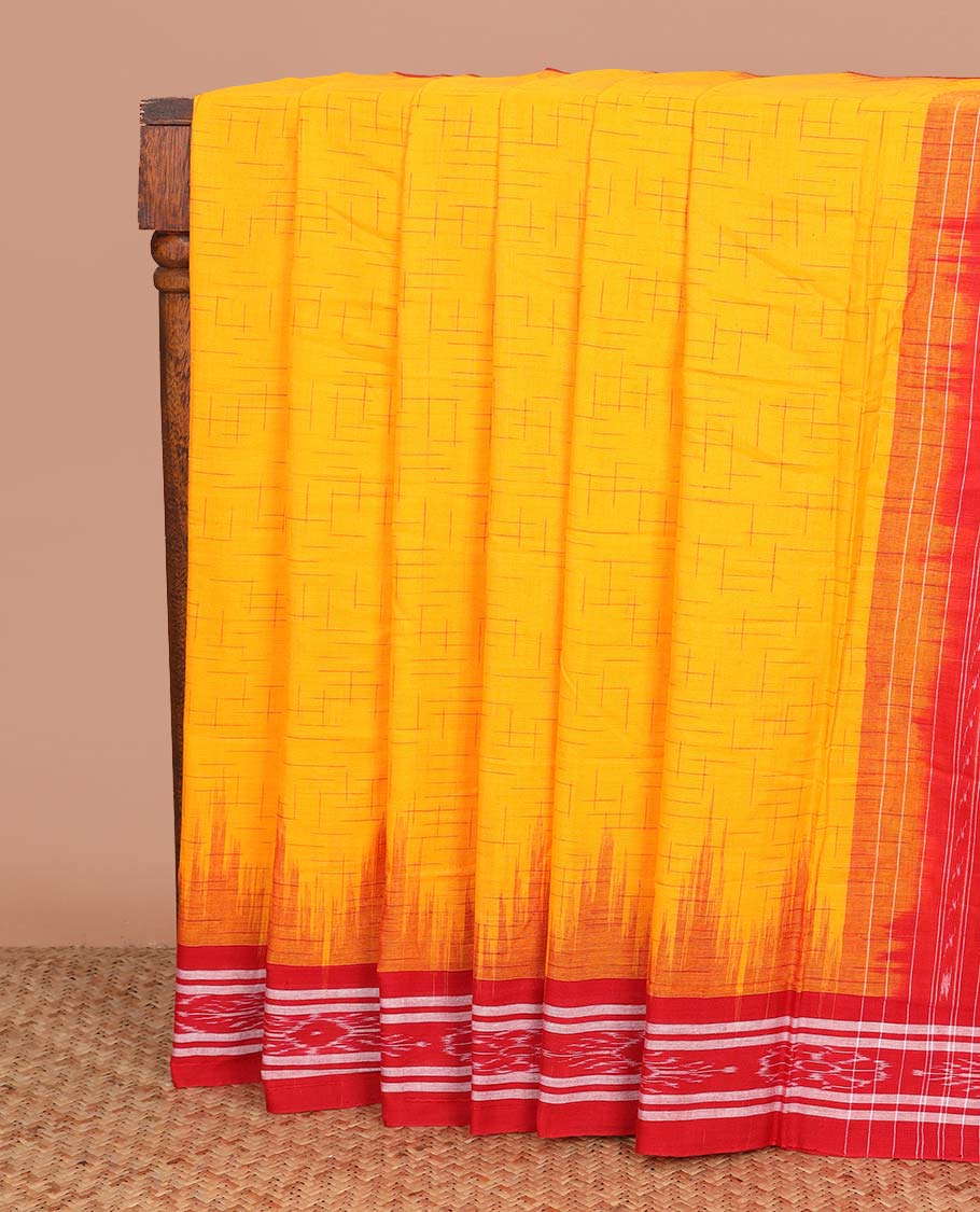 Yellow geometric maze style ikkat cotton saree, contrast ikkat border, and pallu of ikkat weave