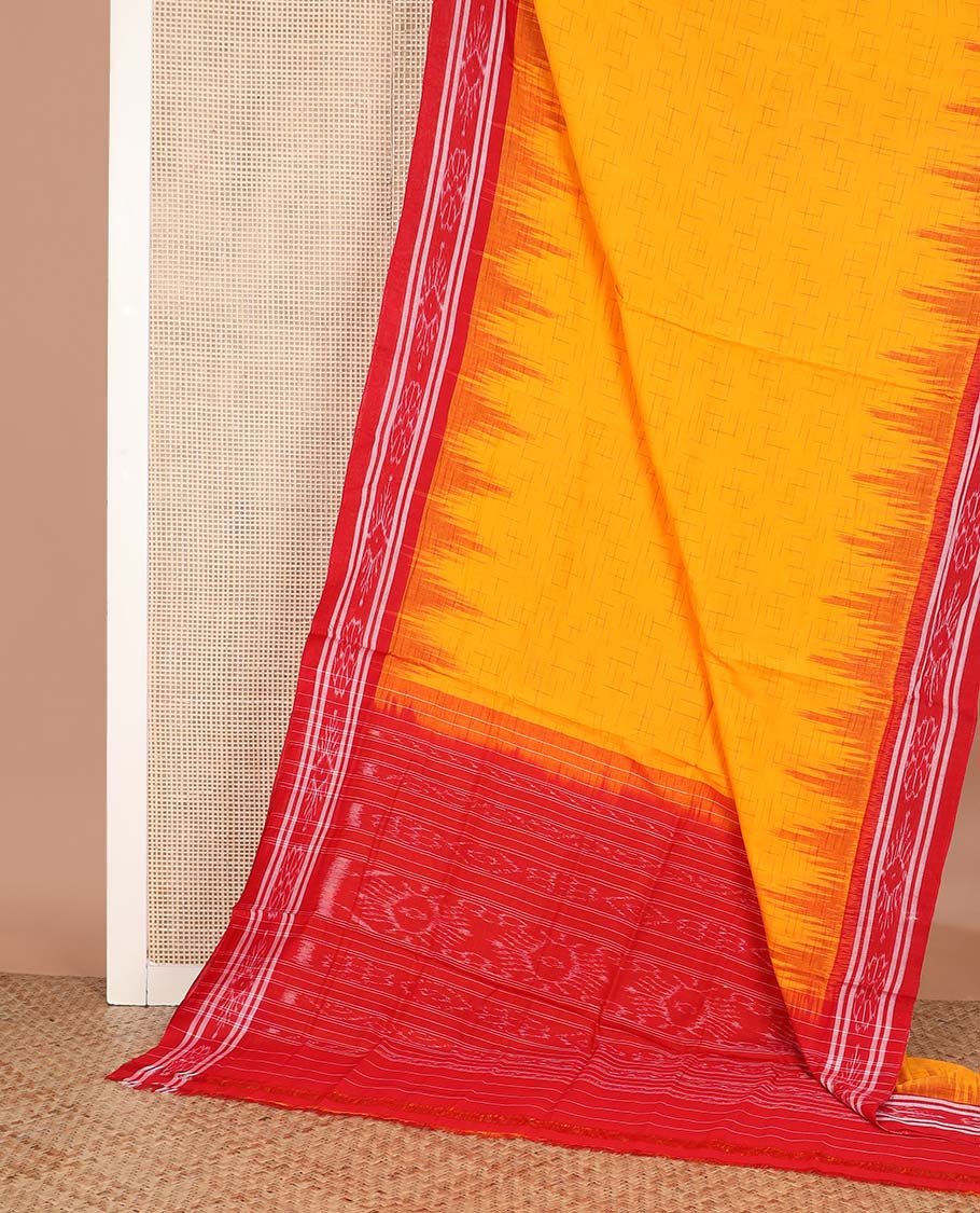 Yellow geometric maze style ikkat cotton saree, contrast ikkat border, and pallu of ikkat weave