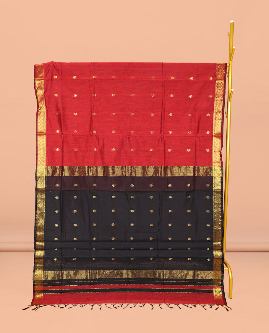 Red Maheshwari Cotton Saree, Decked Up with Buttas All Over Its Body, Highlighted by Zari Traditional Border, Complemented by a Contrast Pallu Steeped with Buttas, and Paired with a Contrast Blouse