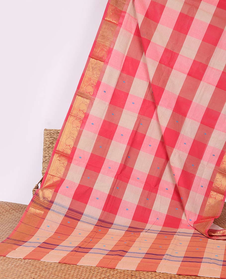 Cream-Pink butta enclosed checked Chettinad cotton saree, traditional zari design border & striped pallu