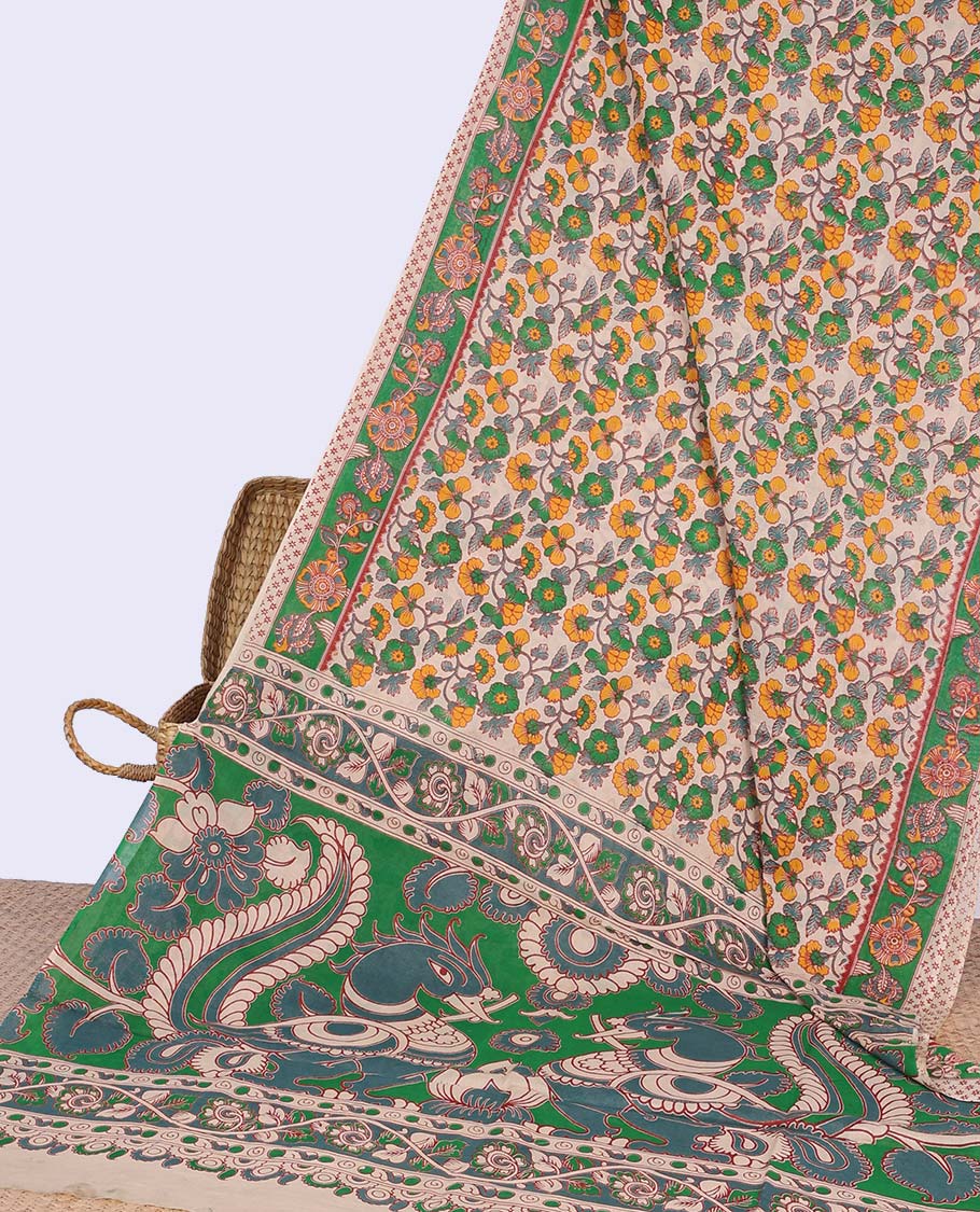 Cream floral vine design machine-printed kalamkari cotton saree ,contrast floral border & peacock design pallu