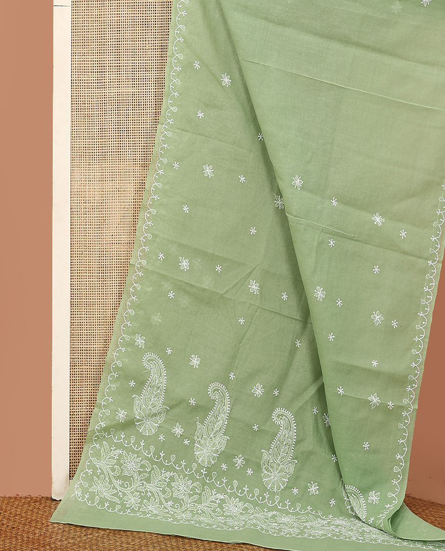 Elaichi green embroidered buttas Lucknowi chikankari saree, thread embroidered border, and floral-paisley motifs embroidered pallu