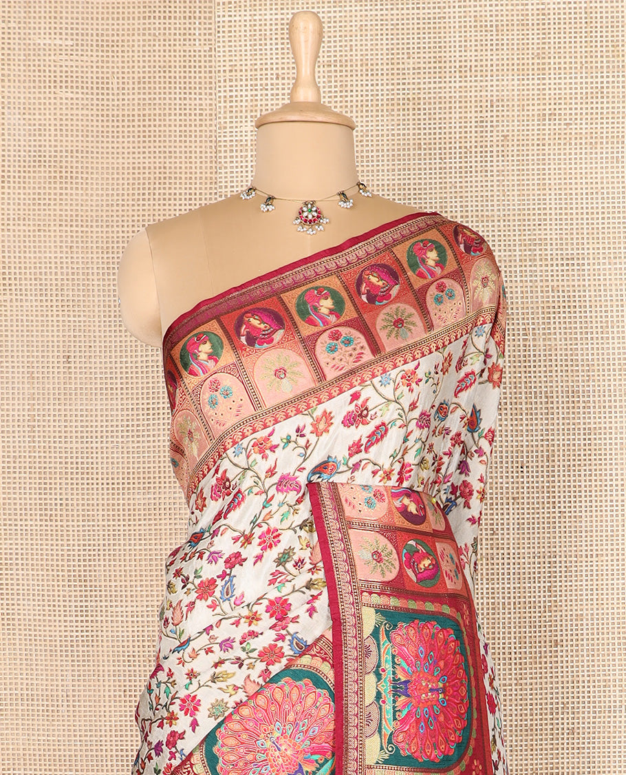 Cream meenakari floral vine dola silk saree, contrast border, and pallu features Mughal style ancient characters