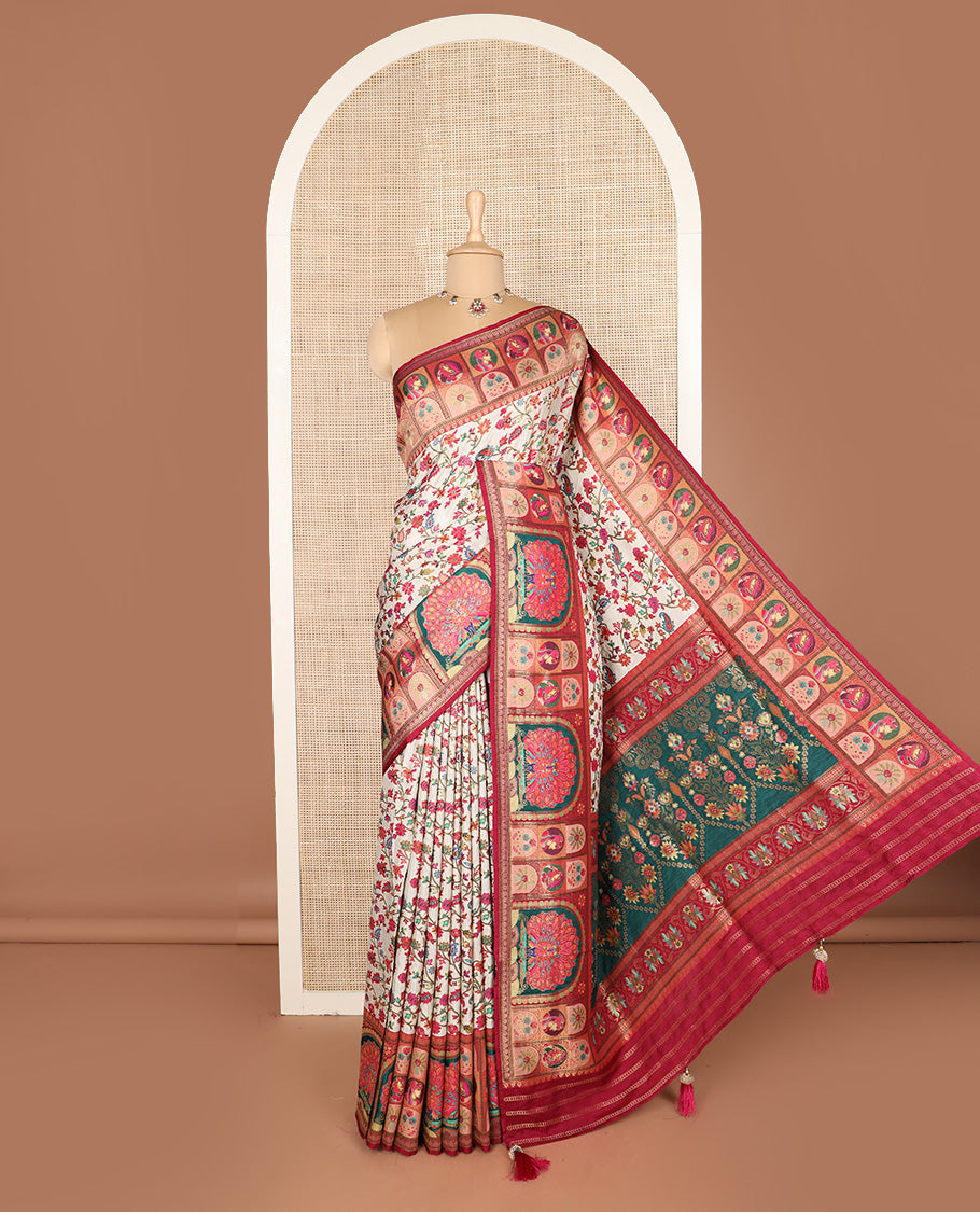 Cream meenakari floral vine dola silk saree, contrast border, and pallu features Mughal style ancient characters