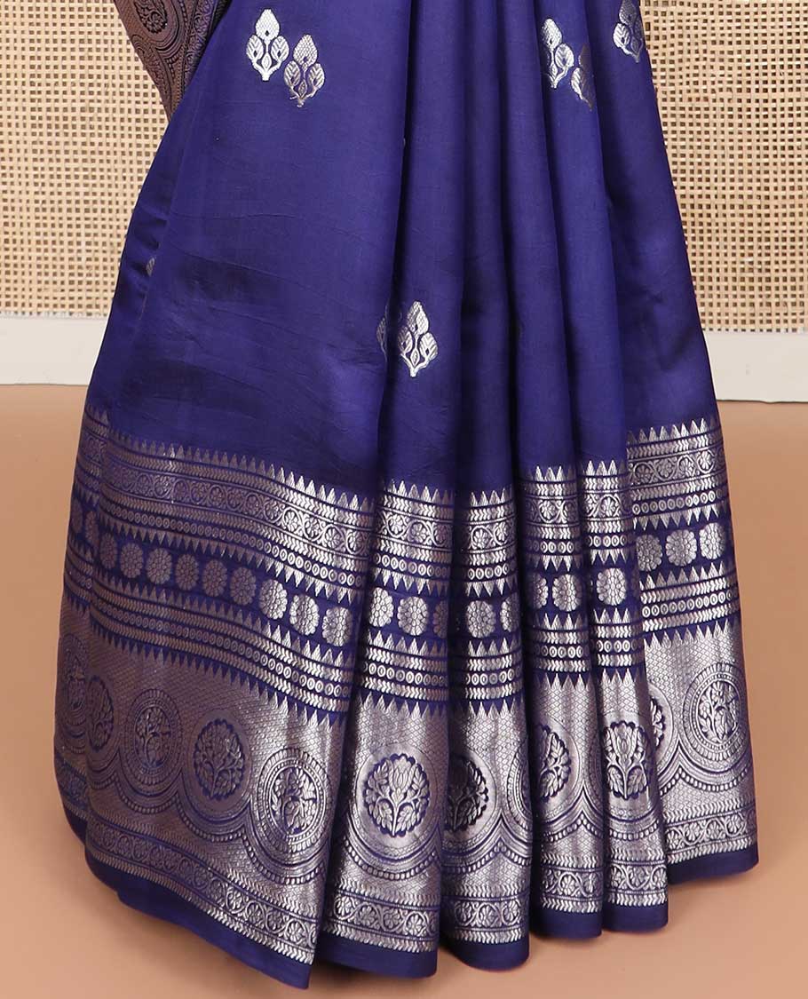 Dark blue floral motifs banaras dupion silk saree with self zari design border & floral jacquard pallu