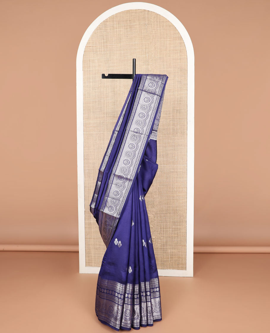 Dark blue floral motifs banaras dupion silk saree with self zari design border & floral jacquard pallu