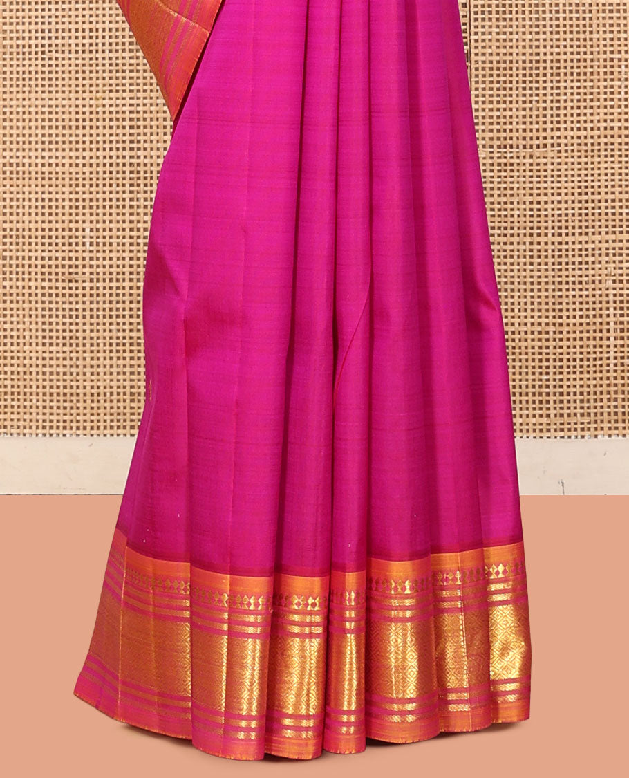 Rani Pink Kanchipuram Silk Saree Features Zari Buttas, a Contrast One-Sided Border of Paneer Sombu, Banaras, and Jaal Designs, Zari Design Pallu, and No Blouse