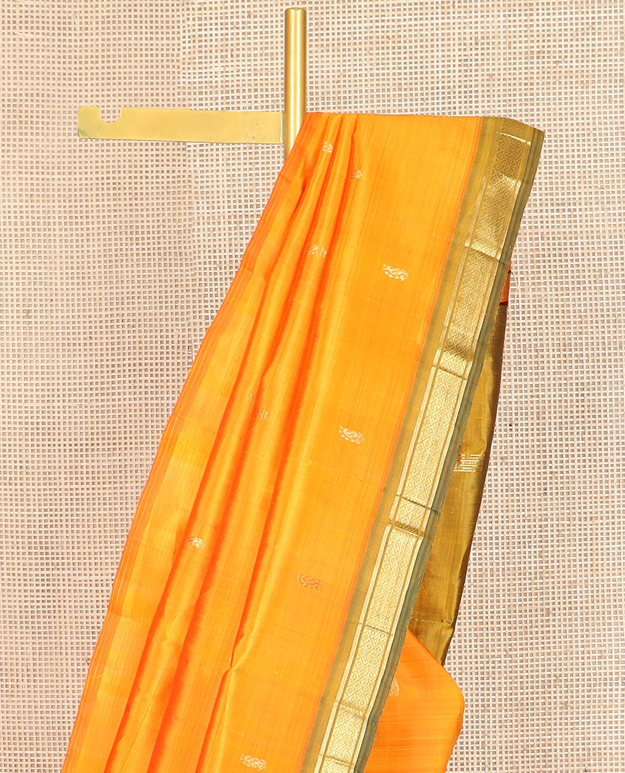 Yellow zari buttas kanchipuram silksaree, contrast one-sided border of banaras & mayil kann & zari design pallu