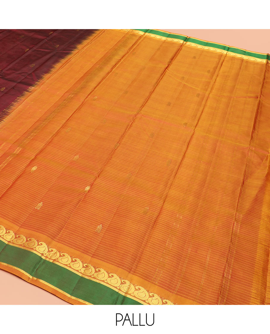 Maroon Kanchipuram Silk Saree Depicting All-Over Stripes and Manga Buttas, Complemented with Contrast Manga and Kathir Design Rettai Pettu Border, Pallu of Zari Designs, and Paired with a Contrast Blouse