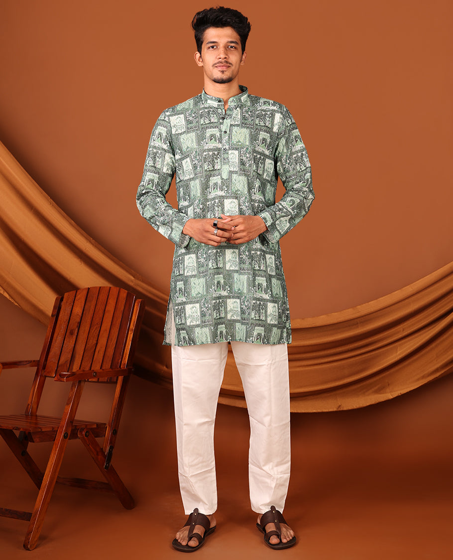 Green Mughal-Themed Printed and Sequined Full-Sleeved Men's Kurta Set