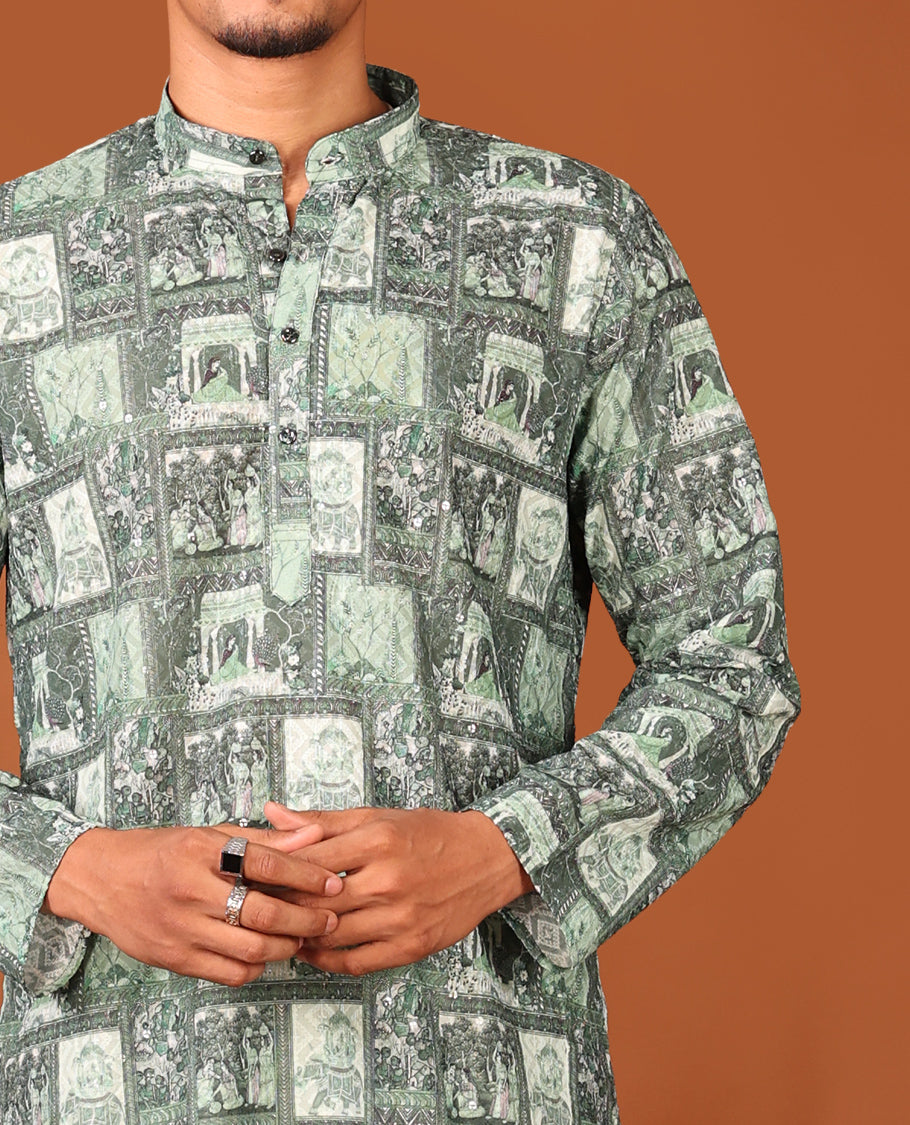Green Mughal-Themed Printed and Sequined Full-Sleeved Men's Kurta Set