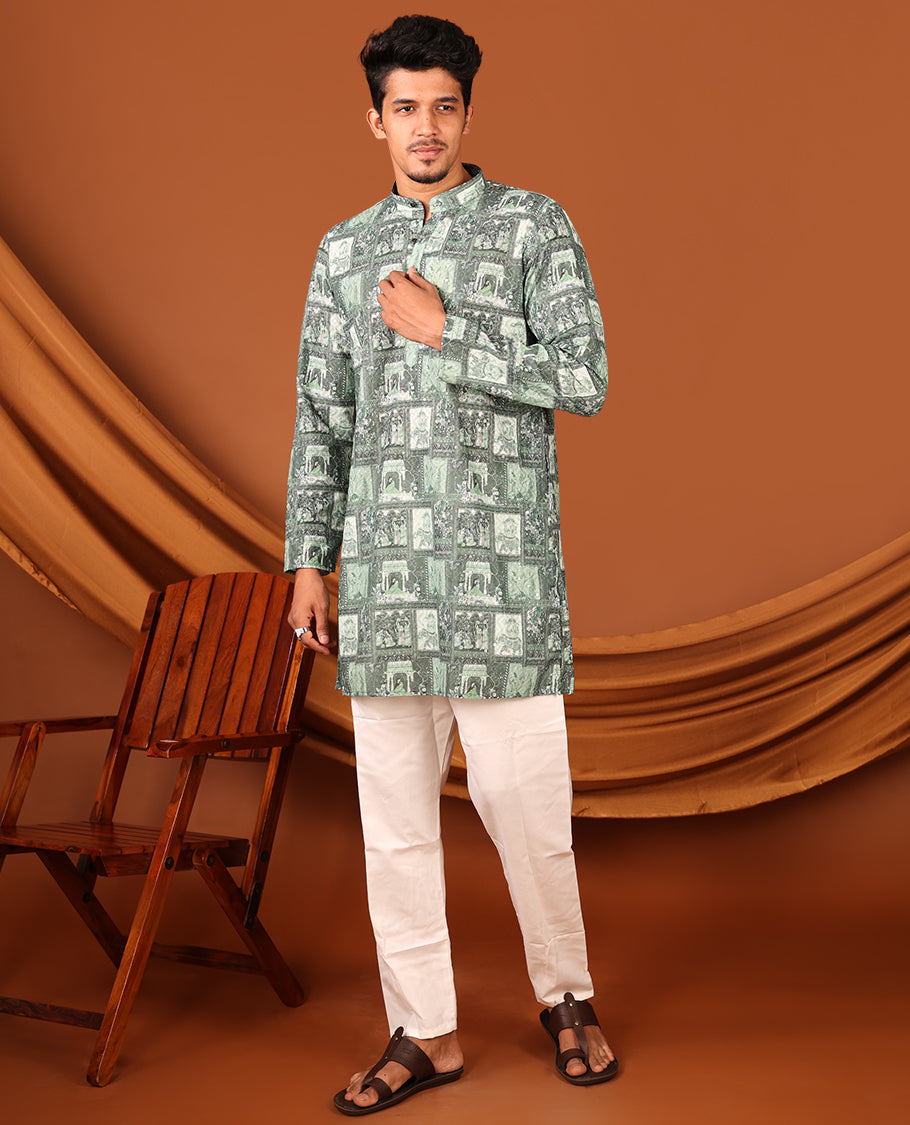 Green Mughal-Themed Printed and Sequined Full-Sleeved Men's Kurta Set