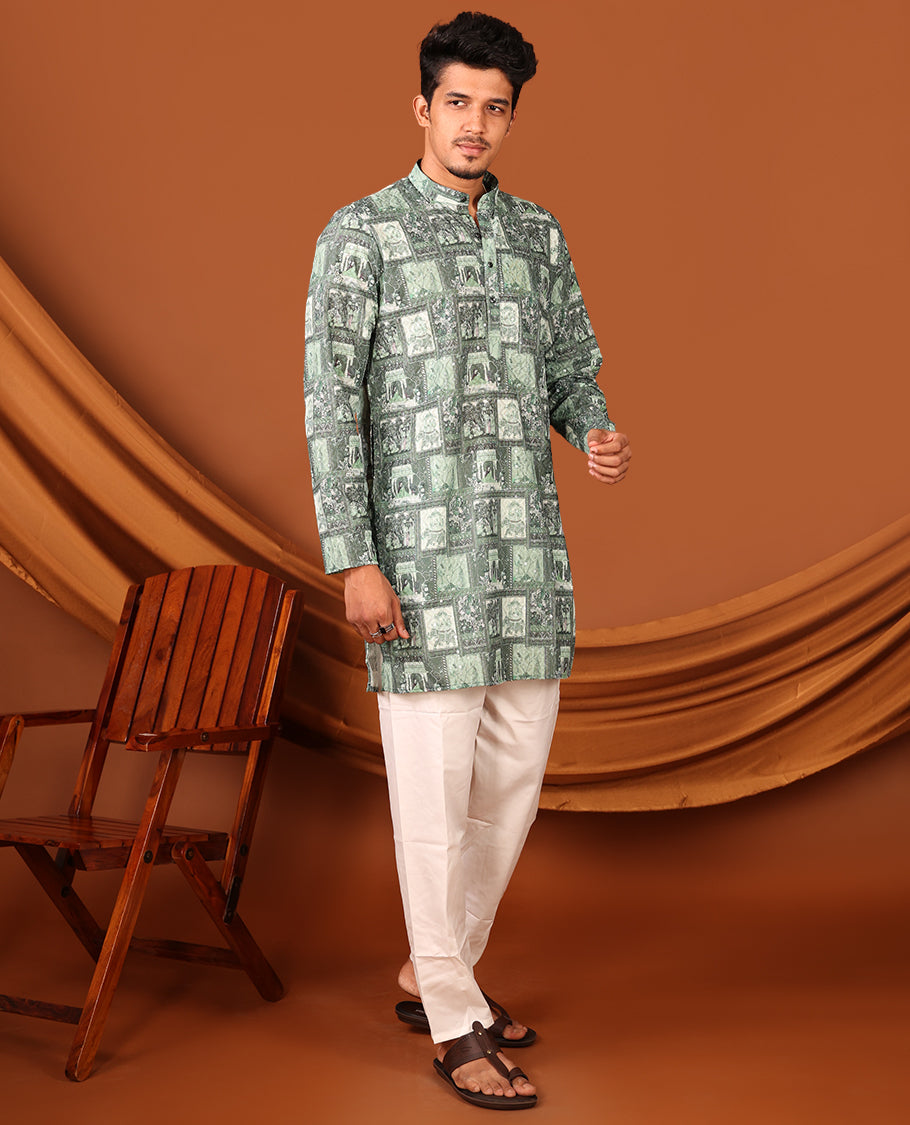 Green Mughal-Themed Printed and Sequined Full-Sleeved Men's Kurta Set