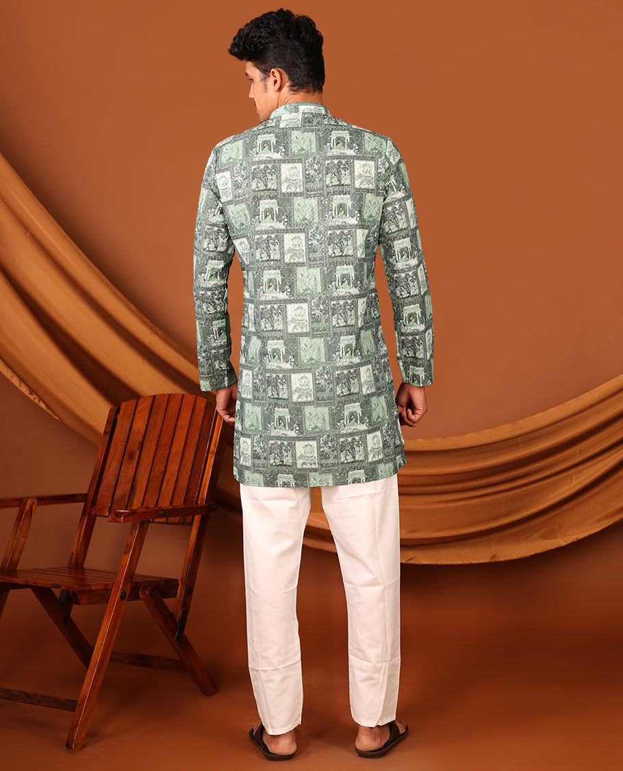 Green Mughal-Themed Printed and Sequined Full-Sleeved Men's Kurta Set