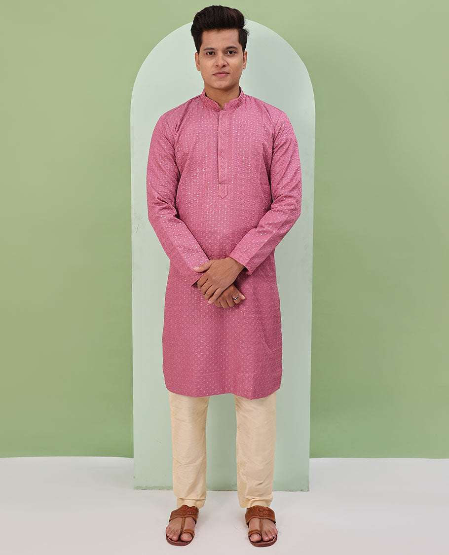 Pink sequins and thread jaal design embroidered full-sleeved readymade kurta