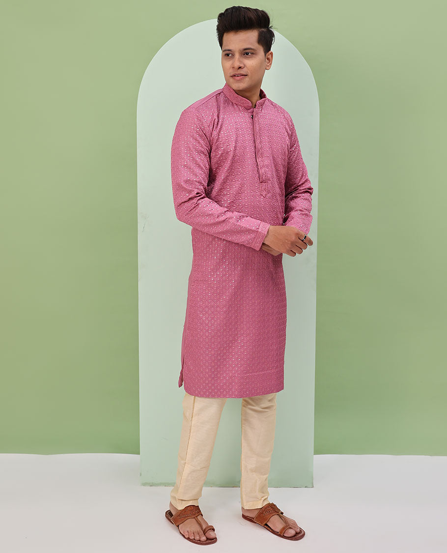 Pink sequins and thread jaal design embroidered full-sleeved readymade kurta