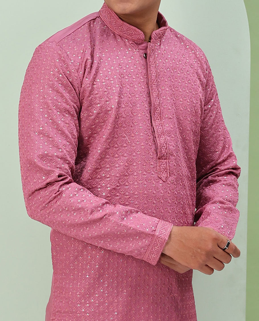 Pink sequins and thread jaal design embroidered full-sleeved readymade kurta