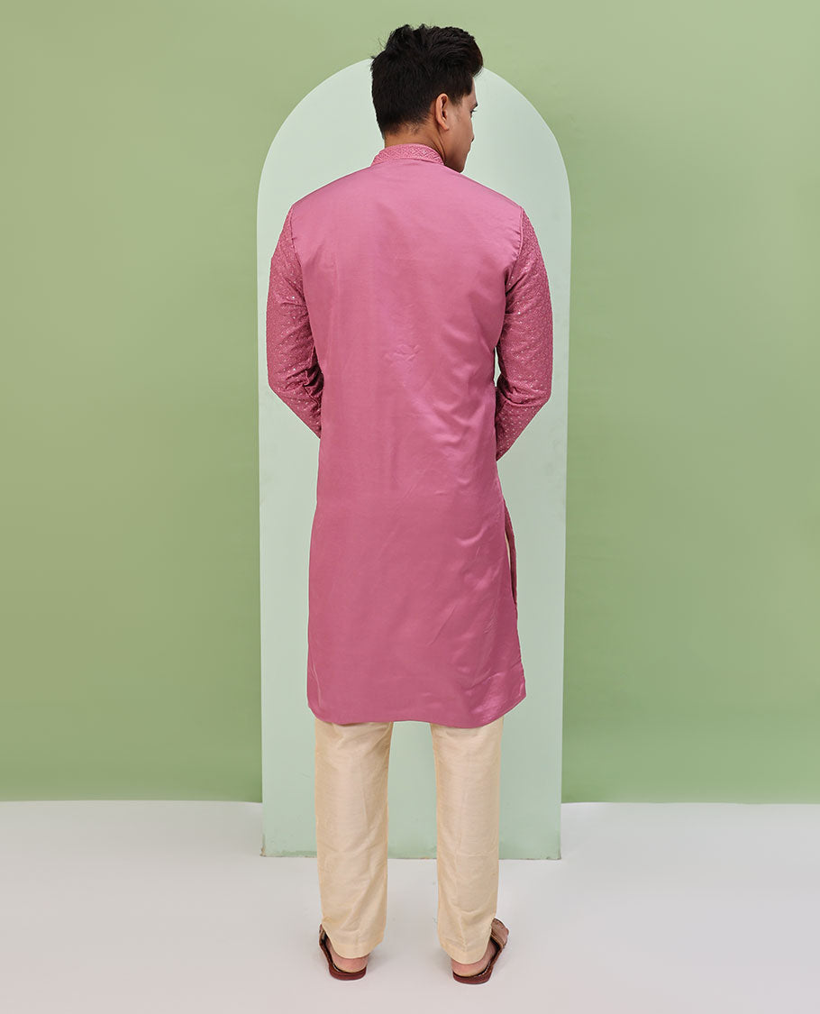 Pink sequins and thread jaal design embroidered full-sleeved readymade kurta