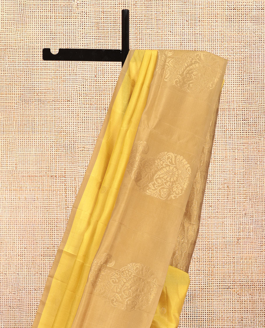 Yellow Mayuri Lite Silk Mix Saree, Subtly Sparkled with Zari Buttas, Complemented by a Contrast Paisley Zari Border, Grand Pallu, and a Contrast Blouse