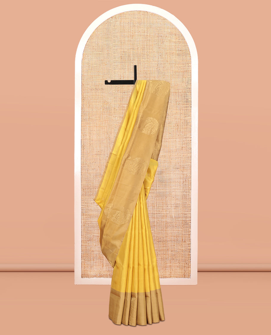 Yellow Mayuri Lite Silk Mix Saree, Subtly Sparkled with Zari Buttas, Complemented by a Contrast Paisley Zari Border, Grand Pallu, and a Contrast Blouse