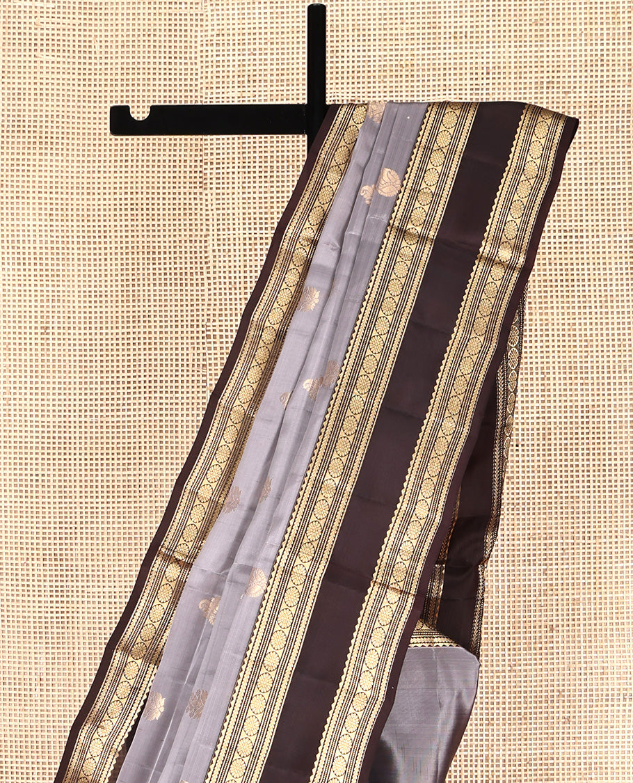 Grey Mayuri Lite Silk Mix Saree, Bedecked with Zari Buttas All Over Its Body, Complemented by Contrast Rettai Pettu Border of Rekku, Kathir, Muthu, Banaras, and Laddu Kamalam Designs, Jaal Pallu, and Paired with Contrast Blouse