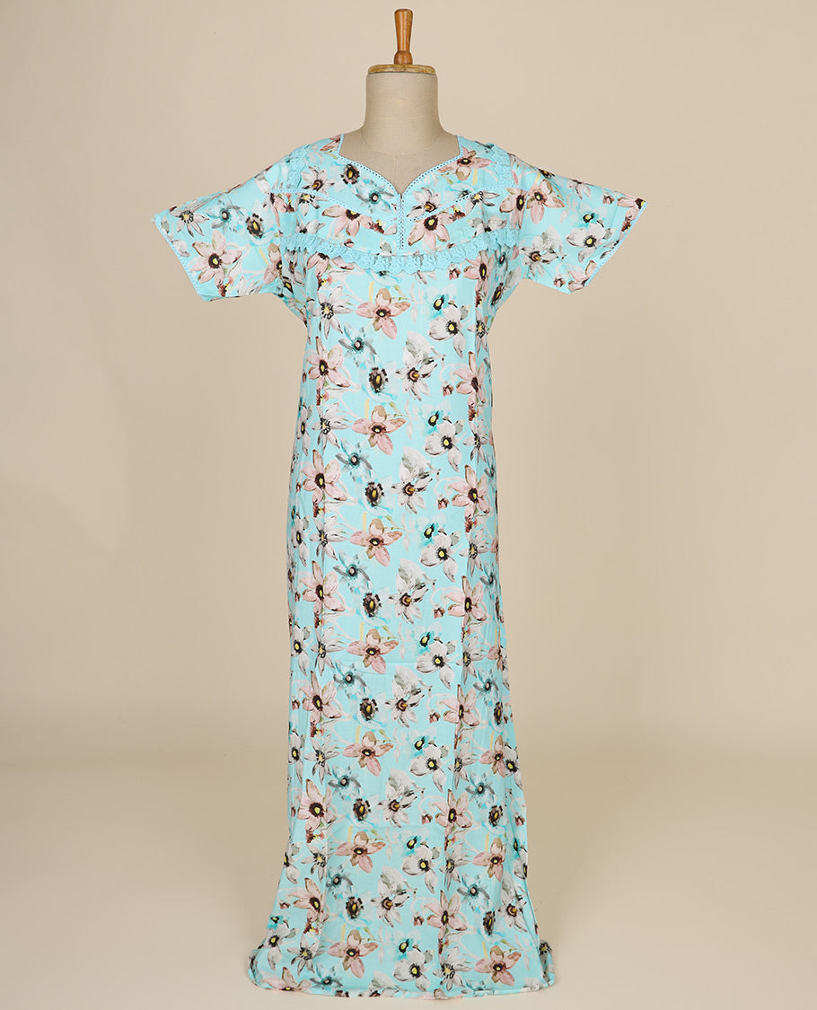 Light blue floral printed & v neck cotton half-sleeve nighty
