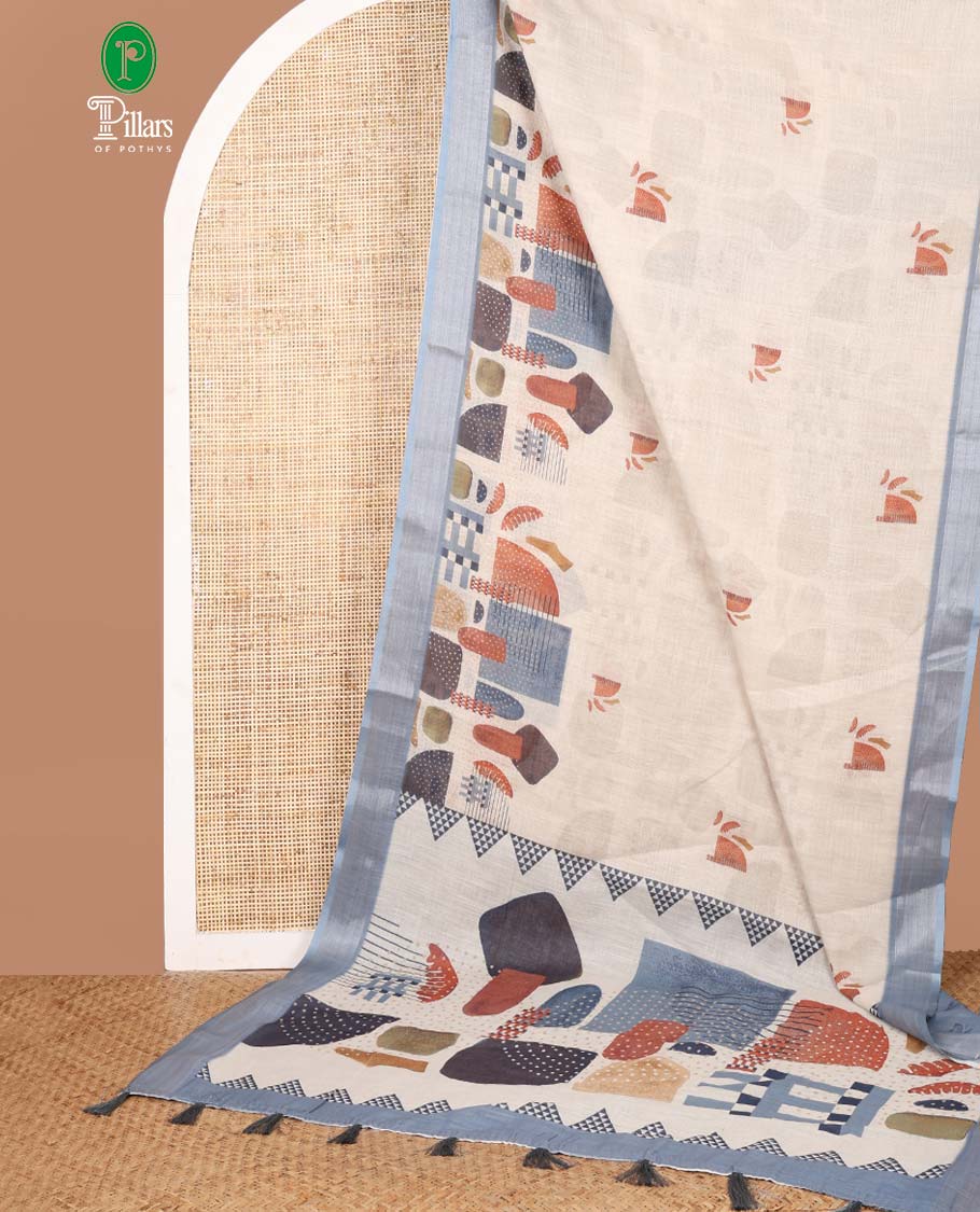 Cream geometric design linen saree with zari bawanchi border & geometric printed pallu along with printed blouse