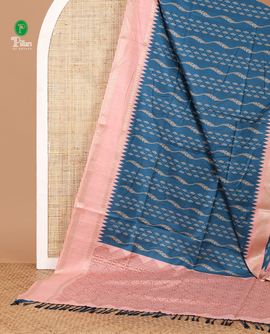Blue digital print khatan silk saree with contrast bentex border & printed pallu along with printed blouse