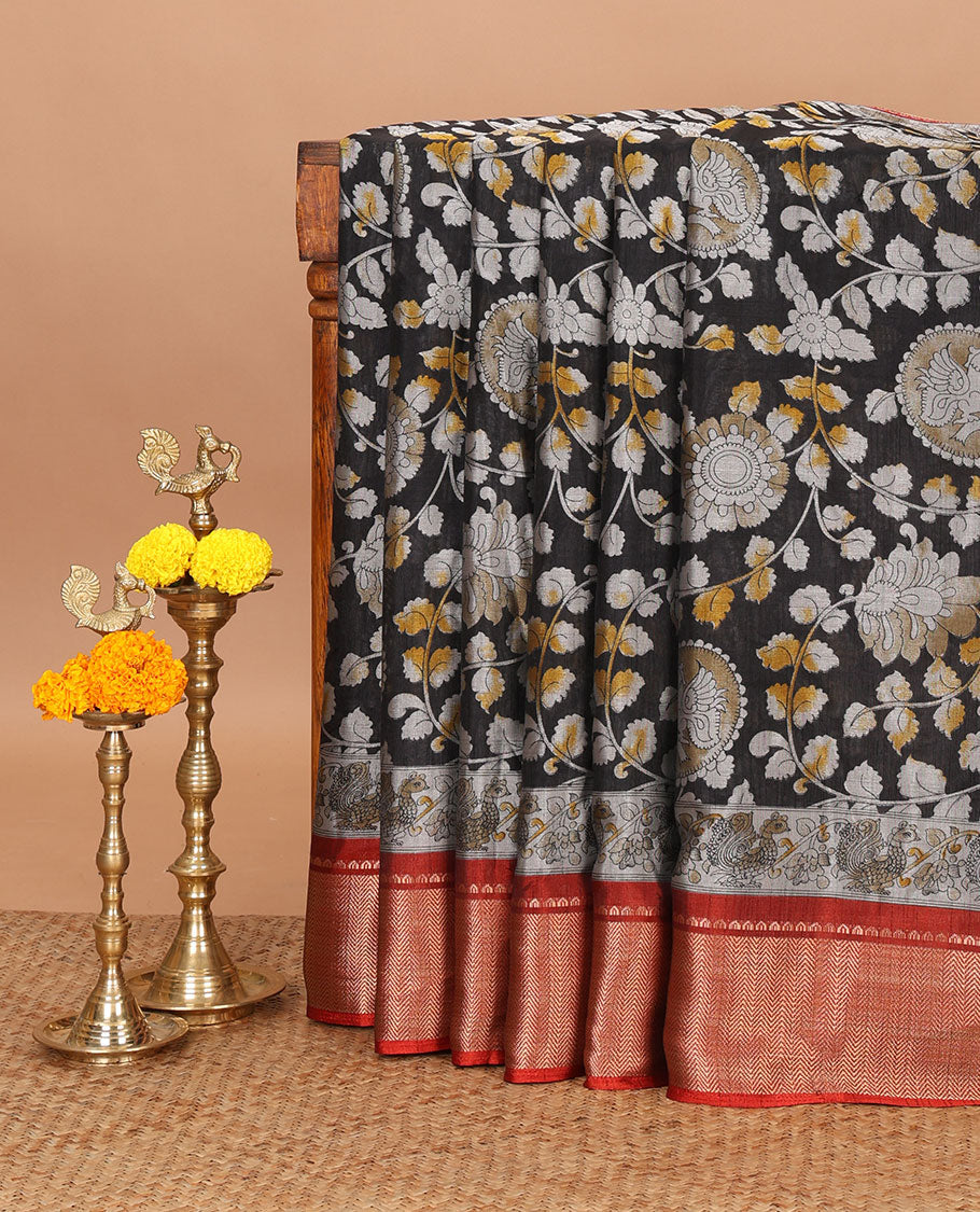 Black kalamkari-style round peocock & floral vine printed dola silk saree,contrast chevron zari border & peacock pallu