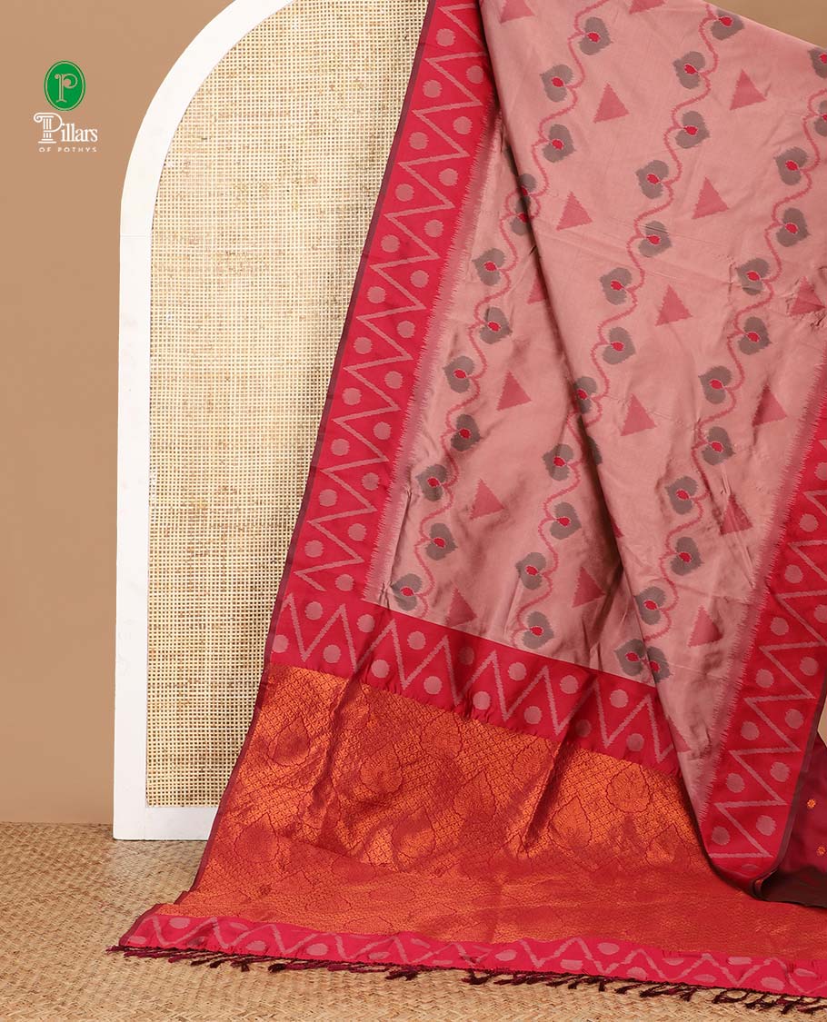 Pink unique motifs thread weave pochampally ikat mulberry silk saree, contrast chevron & polka dot border and zari-rich intricate pallu