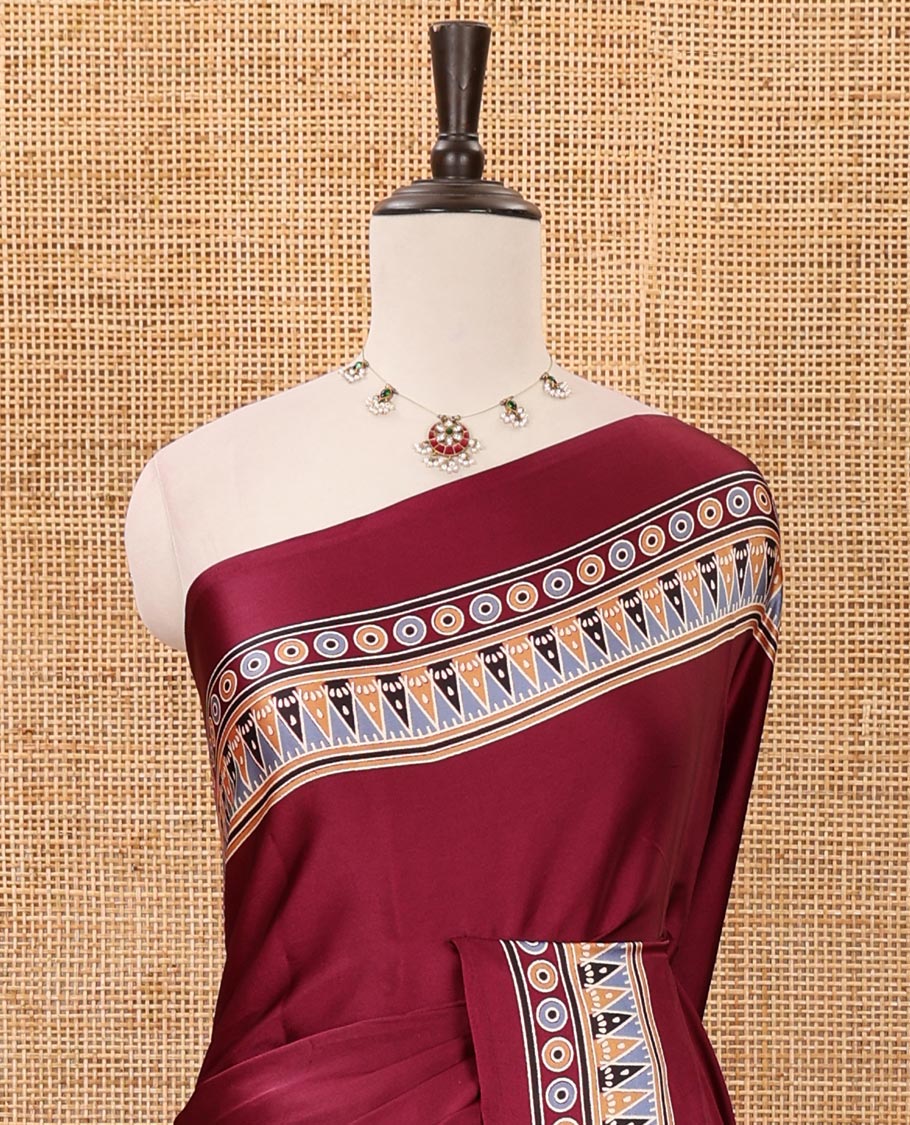 Wine plain design modal satin saree, Ajrakh printed border, floral-Ajrakh printed pallu & Ajrakh printed blouse