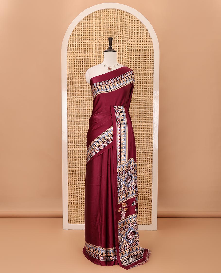 Wine plain design modal satin saree, Ajrakh printed border, floral-Ajrakh printed pallu & Ajrakh printed blouse