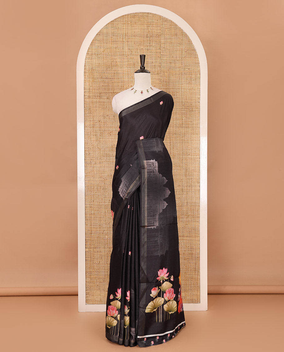Black pichwai lotus & mughal arches printed soft tussar saree,zari border, pichwai lotus & Radha Krishna printet pallu & pichwai lotus printed blouse