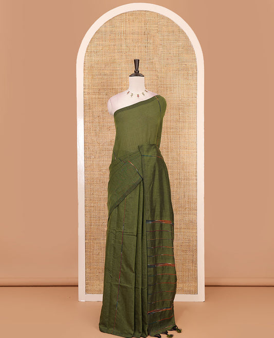 Borderless Olive green vertical multi-color thread striped khadi jute linen saree, striped pallu & matching plain blouse