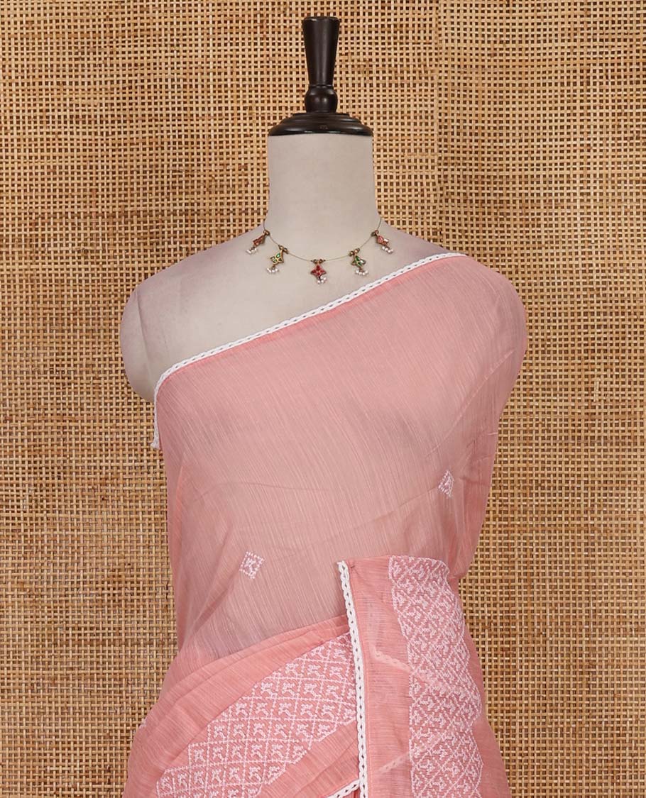 Pink diamond patterns white resham thread embroidered mercerised cotton saree, lace border, and matching plain blouse