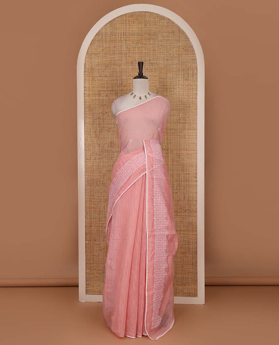 Pink diamond patterns white resham thread embroidered mercerised cotton saree, lace border, and matching plain blouse