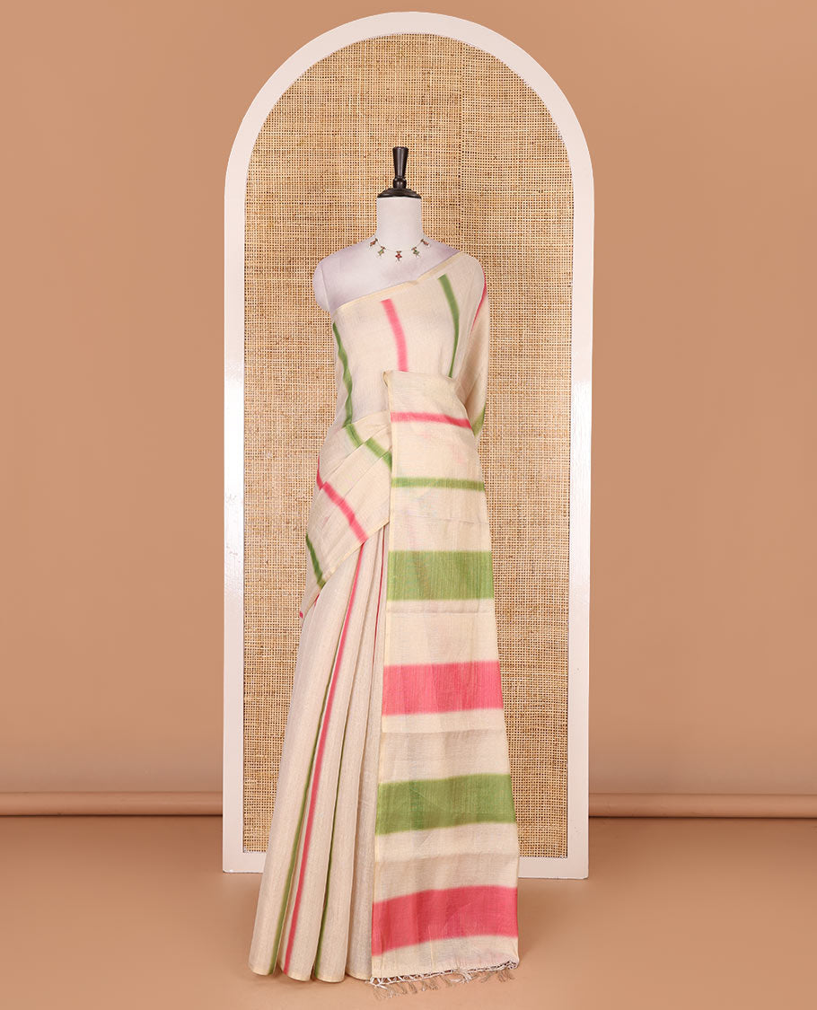 Borderless cream, colorful striped tissue saree, unique motifs printed pink color blouse