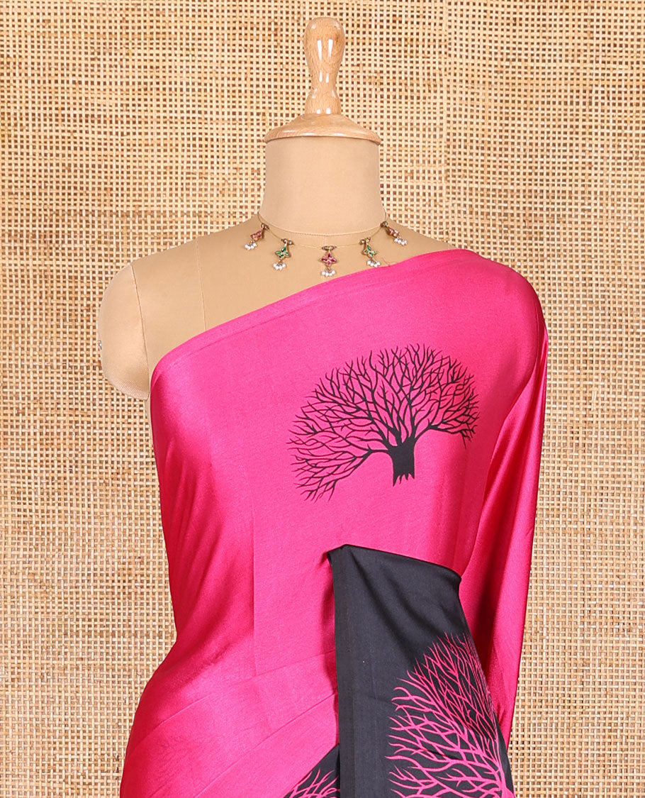 Rani pink tree motifs digitally printed Gajji silk saree with contrast printed border of upside down tree motifs, and contrast printed blouse