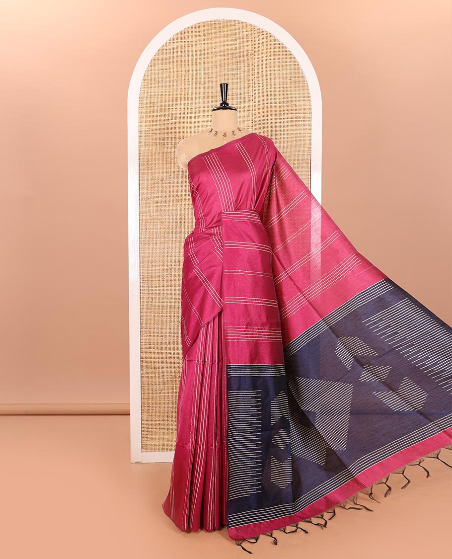Borderless Rani Pink Semi-Raw Silk Saree Featuring Elegant Vertical Sequin Stripes Running Across the Body, Complemented by a Contrast Thread-Work Pallu and Paired with a Contrast Blouse