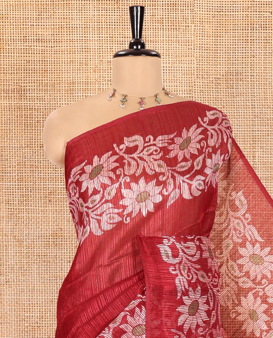 Maroon Plain Green-Silk Linen Cotton Saree, Highlighted by Jamdani-Style Floral Vine Printed Border, Pallu of Jamdani Floral Print, and Paired with a Matching Printed Blouse